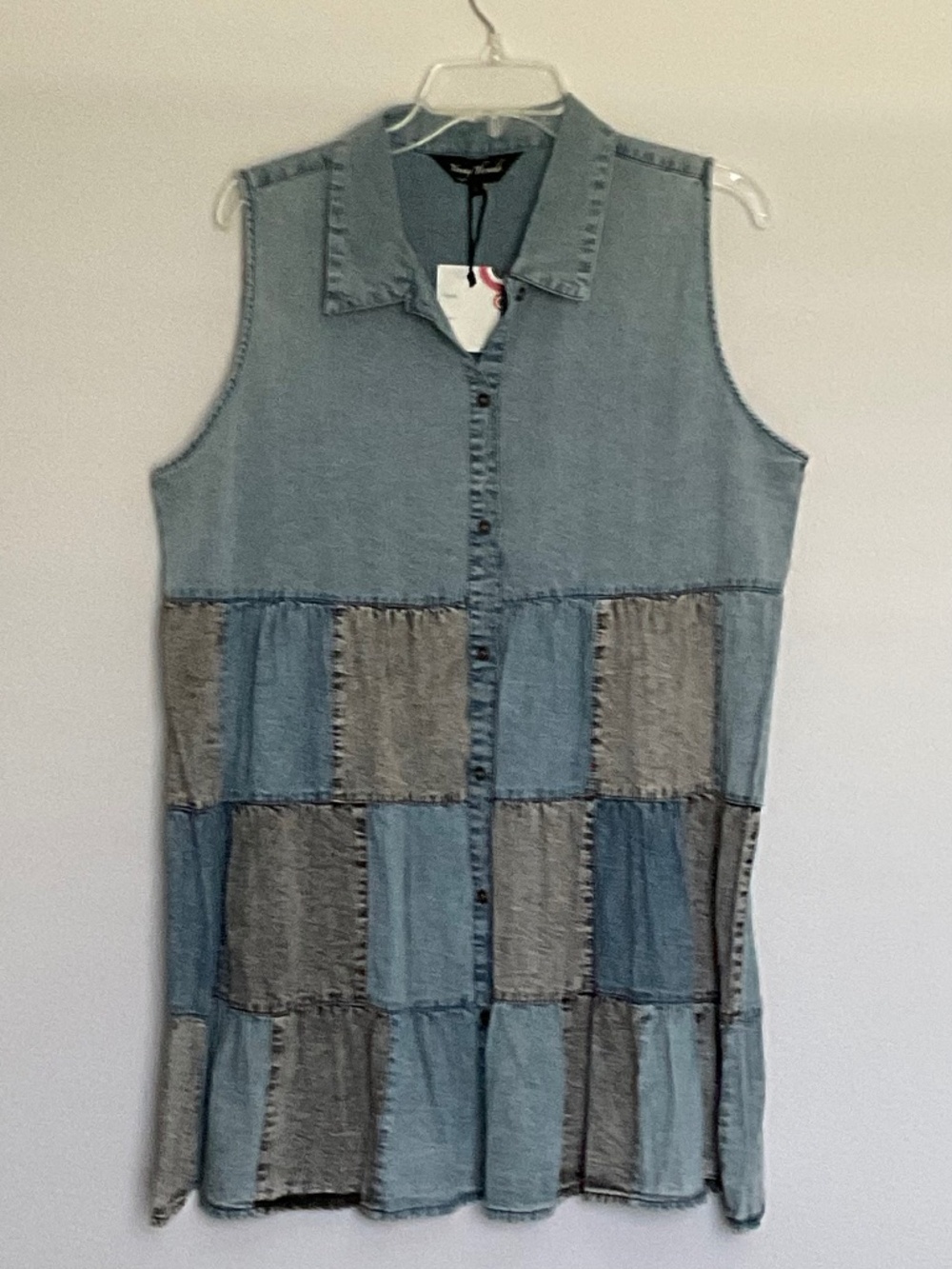 YOUNG THREADS MEDIUM/LARGE DENIM PATCHWORK DRESS, VEST, TUNIC
